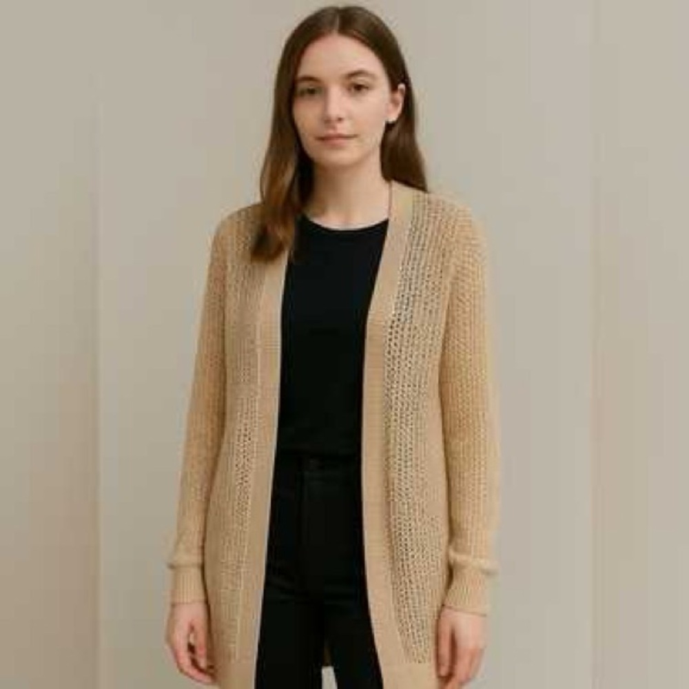 Sejour | Long Line Open Weave Cardi | Ribbed Cuffs | 100% Cotton | Beige | 0X 🕗